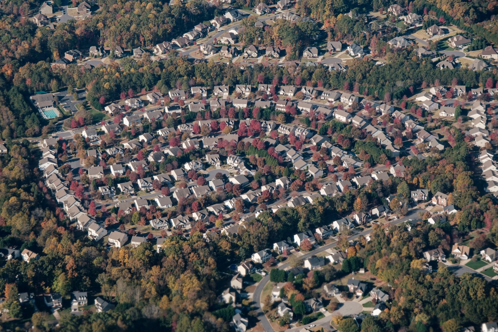 Aerial view of a neighborhood in autumn color (stock photo)